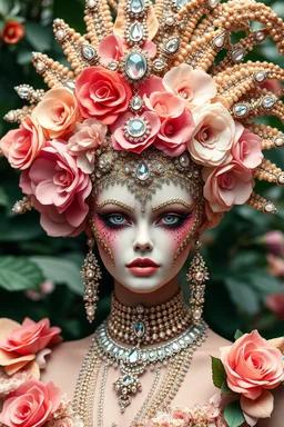 Photography artistic art luxury epic adorned carnival,gemstone shappire diamonds headpieces molusk shell microworld planty,flowers,photography realistic fantastical artwork vizualise carnival Molusk shell,decoration engrave potrait beautiful organic lines big flowers roses floral motifs