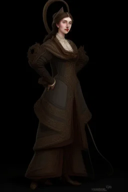 warm but stern aunty victorian era, posh british accent influenced, high born facial features dnd character on a solid black background, full body image, high quality realistic.