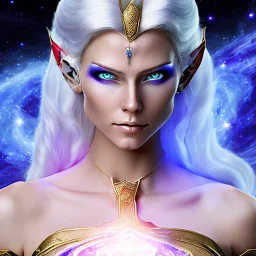 cosmic mage, elf, female, battle mage, epic, cosmic magic, long ears, white hair, face details, pale skin, jewellery, broad shoulders, glowing eyes, sharp ears, cosmic clothes, bright eyes, cosmic eyes, ears shown, light out of eyes, the cosmos in eyes, stars in eyes