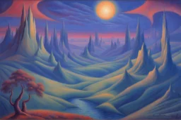 a noctilucent landscape in futurism style, vibrant beautiful award by artist "Umberto Boccioni"by artist "Leonora Carrington",by artist "Guy Orlando Rose"