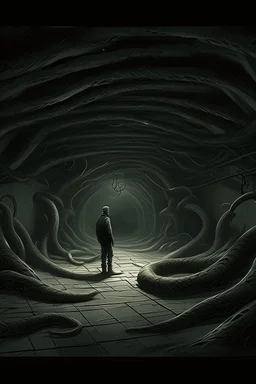 A surreal scene a tunnel-like structure filled with intertwined gray snakes heads , The tunnel is lined with countless writhing aliens bodies, creating a chaotic and nightmarish atmosphere. At the end of the tunnel, a solitary figure walks towards a distant light source, casting a glow that illuminates the scene. The overall color palette is muted with shades enhancing the ominous and unsettling mood an astronaut hovering in the middle of the tunnel