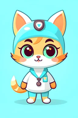 Design a cute and friendly cat-like character in a simple vector graphic style suitable for mobile gaming. The character should stand on two feet and be dressed as a nurse, appealing to a predominantly female audience. Keep the character's face round with large, expressive eyes to convey warmth. Simplify the ears to soft, rounded shapes with a slight point, resembling those of a cat. Use basic geometric shapes for the body, such as ovals or rectangles, with minimal detailing for fur. Dress the