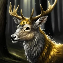 a deer looking creature with shiny silver hair in a forest with golden fluff on its body. its head it not too big not too small in the shape of a horses head, with big golden eyes on the side of its head and a black nose not too big