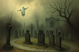 vintage style painting of an old grave yard with ghost hovers no above the graves with foggy an aerial view