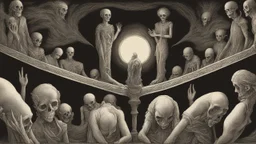 The eerie image exudes an aura of mystery and horror. It features a cryptic symbol centered around the concept of "The Hidden World Government." Dark, shadowy colors permeate the image, creating a stark contrast between light and darkness, evoking spine-chilling suspense. Carefully drawn details reveal hidden hands that draw attention, hinting at secrecy and the unseen forces that control the world. The ominous, darkened sky and an atmosphere tainted with mystery intensify the sense of horror a