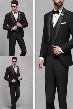 Men's wedding suit black full sleeves tight and short Photorealistic