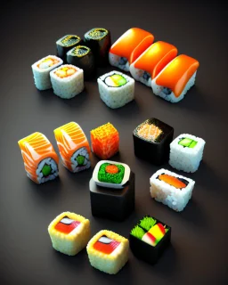 sushi on black background. Photography Realistic photo. HD. Glowing. 3d style