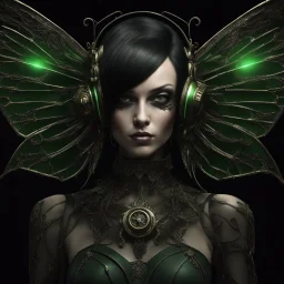 Full body, gothic woman with a bob with a fringe hairstyle, steampunk metal moth wings, green markings, black background