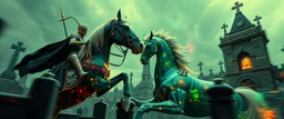 Epic portrait of paladin horse vs demi-lich in tower cemetery in the style of Giger and Escher in Transparent Psychedelic Fluorescent Colors looking like a Record Cover, multidimensional depth of field, motion blur