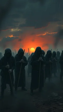 Bosch painting style nightmare , 3D ,a group of prisoners slave in black tied together in line in a dramatic misty scene of the sunset time in a stormy weather in the desert background, high Quality picture , 8k