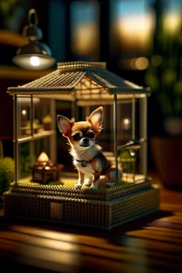 macro photo of Chihuahua in dog house on isometric model on beautiful luxury kitchen table,luxury lamp, glass walls and tunnels in isometric perspective, photo-realistic, shot on Hasselblad h6d-400c, zeiss prime lens, bokeh like f/0.8, tilt-shift lens 8k, high detail, smooth render, down-light, unreal engine 5, cinema 4d, HDR