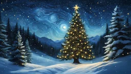 In the style of van gogh starry night,darkness,a wide shot angle of A majestic Christmas tree, adorned with twinkling lights, stands out in the scene. spreading Christmas joy in an glowing snow covered enchanted forest with fireflies and mistletoes at night