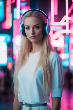 Kodak Vision 2383, full body shot of a mystic woman named Lisa Lou, with blond long hair and long model lags, wearing high-tech headphones and a white shirt, The background unfocused pinkish Neon Signs lights, with her "beautiful big blue eyes" she looks directly into the camera, detailed natural skin, retrofuturism, future tech, dramatic cinematic lighting, RAW photo, high detailed Natural skin, film grain, cyberpunk neon look, camera f1.6 lens, rich colors,