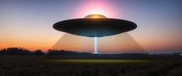 flying saucer ufo in autumn evening field shooting a cone of light upwards to the sky down to another saucer standing in the field