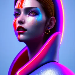 Spanish woman, painted face, rounded face, glow made up, trap style, red, blue, pink, cold, latex coat, leather, nose piercing, soft color, highly detailed, art stations, concept art, smooth, unreal engine 5, god rays, ray tracing, RTX, lumen lighting, ultra detail, volumetric lighting, 3d, finely drawn, high definition, high resolution, neon background.