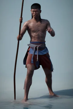 A young male water genasi with deep blue skin color, water shape dred hair on head. Shaolin monk with long stick weapon, kung fu master, martial art