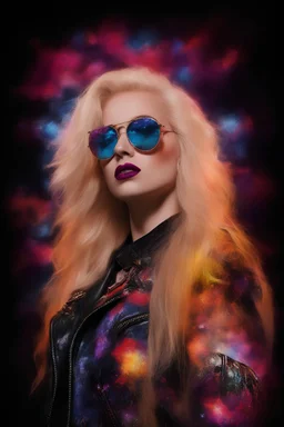 head and shoulders image, Hedwig and the angry inch - Kiss Me Deadly - painting with dots - Ray-Ban sunglasses - Motley Crue - gothic pale-skinned vampire, fire and multicolored electrified cosmic clouds, Professional quality Photograph by Hoy Tung lu- Multicolored lightning -a smiling, long, blonde hair, blue eyes, goth makeup, black leather biker's jacket, black leather pants, combat boots, black fingerless gloves, sitting on in the forest next to a fire,