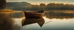 Rustic boat, old wooden fishing boat on lake, Panorama, Landscape photography.
