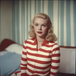 Young jayne mansfield with freckles and red cheeks, in a bedroom, autochrome, background with red and white stripes