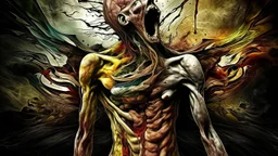 human body bursting out of itself, abstract, surreal, sarkasm, dadaist, grotesque