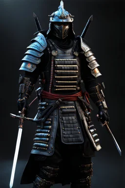 Fully armored cyberpunk samurai, photorealistic