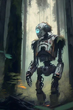 sympathetic robot surviving to the apocalypse in a forest