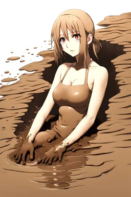 Anime girl sinks in brown opaque grainy mud