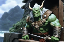 (in the style of Orion, by Masamune Shirow) (photo from a movie by Ray Harryhausen) You are Zog, a an half-orc druid, ready for adventure who just arrived in Lankhmar. You nee a place for your stay. As you push open the heavy wooden door of the Silver Eel Inn, a wave of warmth and noise washes over you. The rich scent of roasted meat mingles with the tang of spilled ale, creating an inviting aroma that pulls you further inside. The tavern is alive with laughter and the clinking of tankards, a ca
