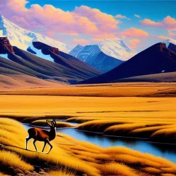 Drawing of 'PRONGHORN',River,snow,Meadow,mountains,painting by Earl Norem, simon Bisley,frazetta,西嘛哒, evan lee, Vallejo,kelly oil on canvas, cinematic composition, extreme detail,fit full head inside picture,8k