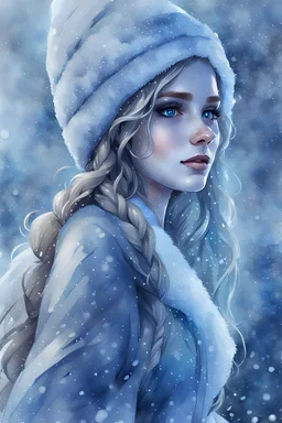 watercolor drawing of a Russian snow maiden girl with an icy face with a well-drawn face on a white background, Trending on Artstation, {creative commons}, fanart, AIart, {Woolitize}, by Charlie Bowater, Illustration, Color Grading, Filmic, Nikon D750, Brenizer Method, Perspective, Depth of Field, Field of View, F/2.8, Lens Flare, Tonal Colors, 8K, Full-HD, ProPhoto RGB, Perfectionism, Rim Lighting, Natural Lighting, Soft Lighting, Accent Lighting,