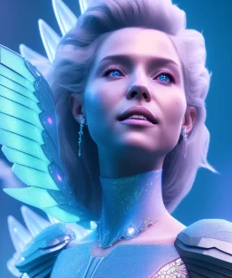 A smiling crystalised queen, atmospheric, realistic, unreal engine, cinematic lighting, octane render. blue, pink, transparency, light, shine,bright, full body, transparent wings, blonde, long hair, nice smile