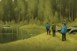 3 men watch a lake monster coming up, cartoon style Simon Stålenhag