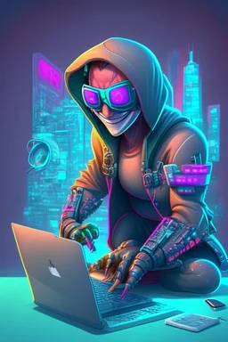 An 3d illustration of a person working in front of a laptop with a happy face and having a good time a man, cartoon style A cyberpunk as a superhero, full body of a superhero, cyberpunk city, masked eyes, cyberpunk eyes