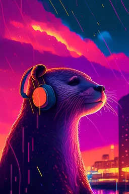 an otter wearing on-ear heaphones watching the sky in the city at night while it's raining, colors used are neon pink, yellow and red tones