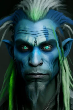 A tieffelin with blue skin and white Dreadlock hair. His pupil-less eyes are green. He wears a small beard.