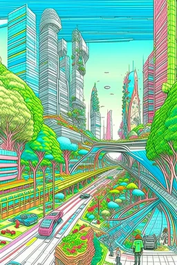 a highly detailed pencil and colour marker digital drawing of beautiful organic futuristic city in harmony with nature, full screen, fine details and contours, intricate, small minutiae, tiny features, particulars, sharp photo lens, acute outlines, digitally enhanced, least ambient occlusion, sidewalk view from the pedestrian perspective, wide angle camera, volumetric lighting, volumetric clouds, uhd, 8k, vitality colors, for book cover, enscape render, by antoni gaudí
