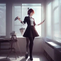 Anime, female student studying under window, studying lesson, perfect face, cool face, ultra detail, unreal engine 5, cinema4d, sun light, studio lighting --ar 1:1 --v 4