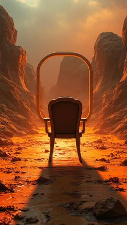 A chair rear view facing window behind it a landscape covered in sulfur and sludge that looks futuristic with futuristic lighting, realistic rendering