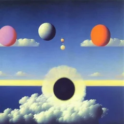 bright flowers floating with goats in outer space with musical notes by Rene Magritte