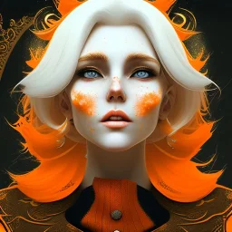 fantasy setting, woman, orange and white hair, wavy hair, freckles, ranger, more orange hair, more white hair, longer white hair, black clothes