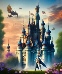 happiness world, castle background, warrior princess in front