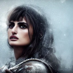 best quality, realistic lighting, masterpiece portrait of Penélope Cruz, details, light dusting of freckles, cowboy shot from above, simple chain hauberk, warhammerVector art matte painting digital illustration 3D shading CryEngine Behance HD 3Delight