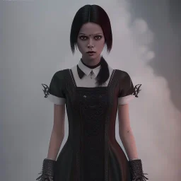 Female Jenna ortega black dress,soft goth libstick, wednesday addams family make up, brad double wig, dramatic lighting, highly detailed, volumetric lighting, unreal engine, 8k