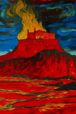 A red fiery castle on a volcano designed in ancient Greek pottery painted by Vincent van Gogh