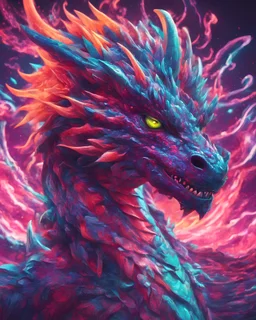 Close up shot, Dragon in a vibrant synthwave dreamscape, neon chaos swirling energetically around pixelated forms, a dynamic fusion of retro gaming nostalgia and futuristic abstraction