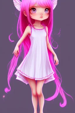 Loli wearing long nightgown, hands behind back, wholesome, innocent, long pink hair, tilted head