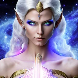 cosmic mage, elf, female, battle mage, epic, cosmic magic, long ears, white hair, face details, pale skin, jewellery, broad shoulders, glowing eyes, sharp ears, cosmic clothes, bright eyes, cosmic eyes, ears shown, light out of eyes, the cosmos in eyes, stars in eyes, shining eyes, small jaw