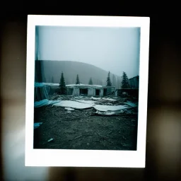 A polaroid photo of an odd room with structures. A transparent tarpaulin covers an image resembling a ruined building. There is a group of fir trees in the background and a high hill in the distance. The surface below is in a pastel color. Fog is present.