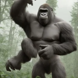 huge giant upright human hybrid gorilla, grey black, destroying a tree in forest, bigfoot, angry, big muscles