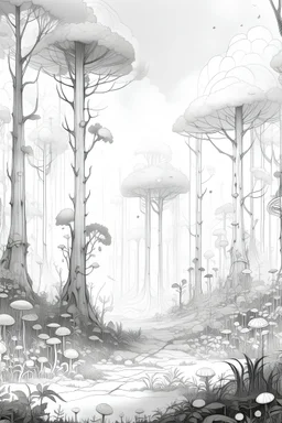 Drawn without colours, the forest is magical, bright, full of giant trees, enchanting flowers and fairies, it must be a white background.